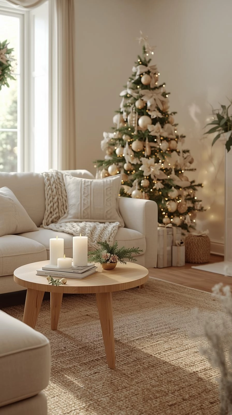 Elegant living room with classy Christmas decor in a soft neutral palette featuring beige furniture, white candles, and gold ornaments.