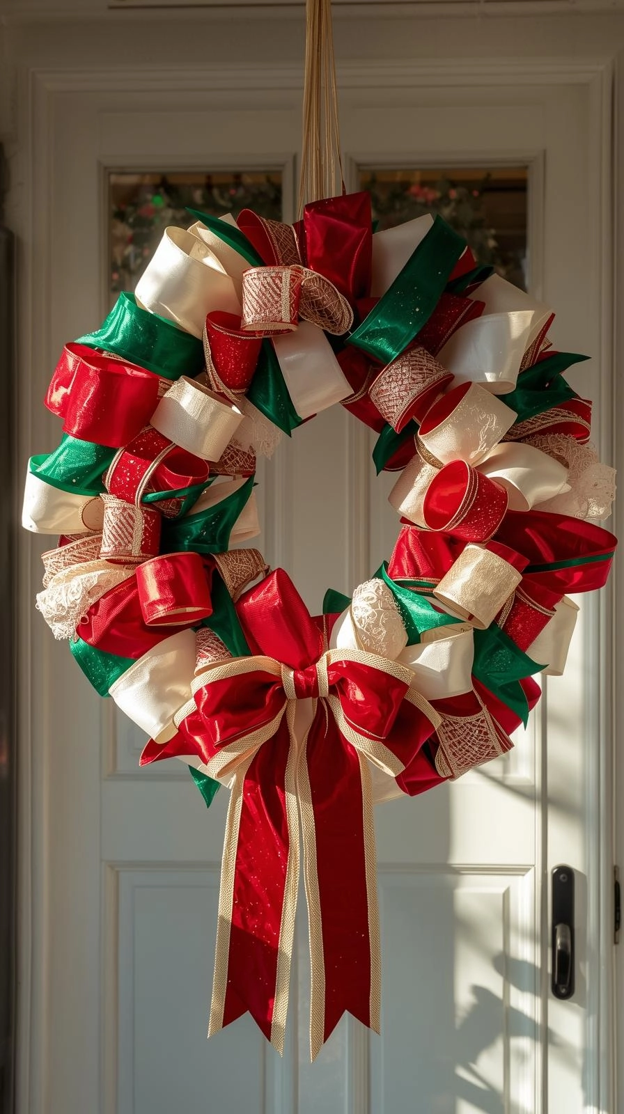 A handmade Christmas wreath made from red, green, and gold ribbons with a large bow, hanging on a white front door in natural light.