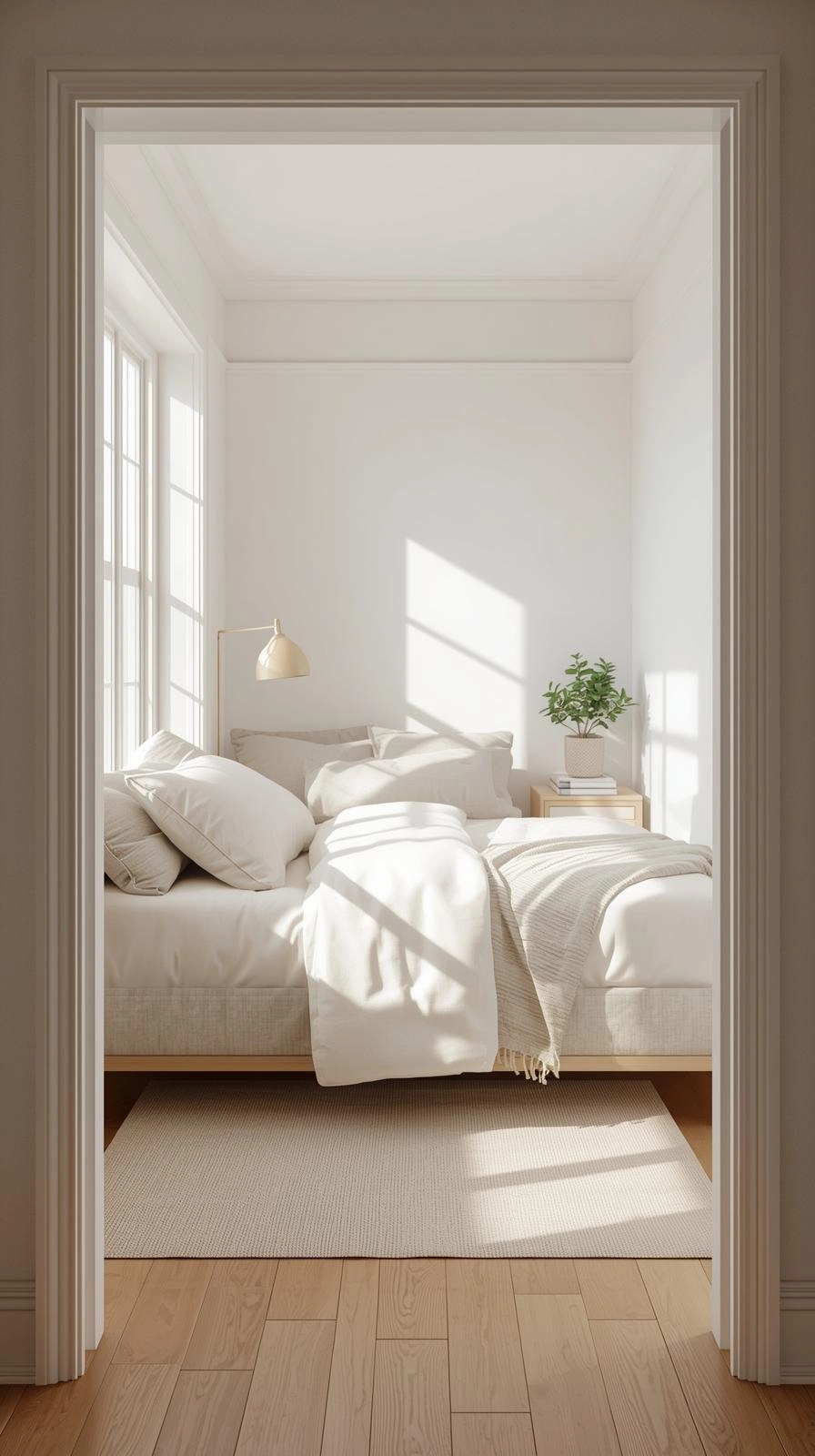 Small bedroom with a twin bed in the corner, soft pillows along the walls, and a cozy rug creating a relaxing nook.