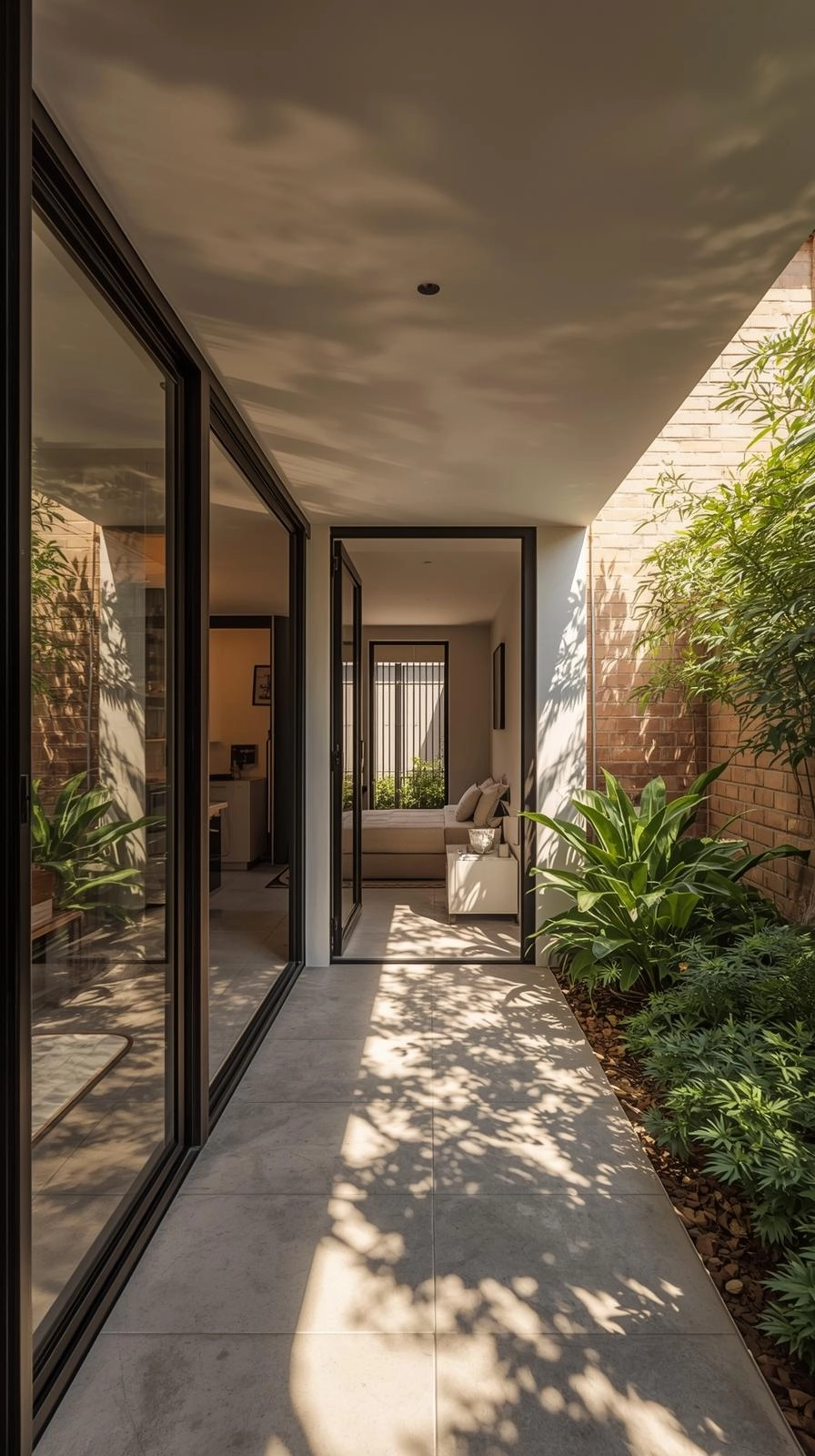 Modern 1 bedroom granny flat plan featuring courtyard-centered design with open living area and private garden view.