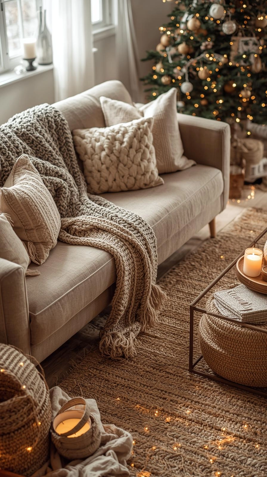 Boho Christmas decor with cozy textures, featuring a knit throw, jute rug, and soft pillows for a warm and relaxed holiday look.