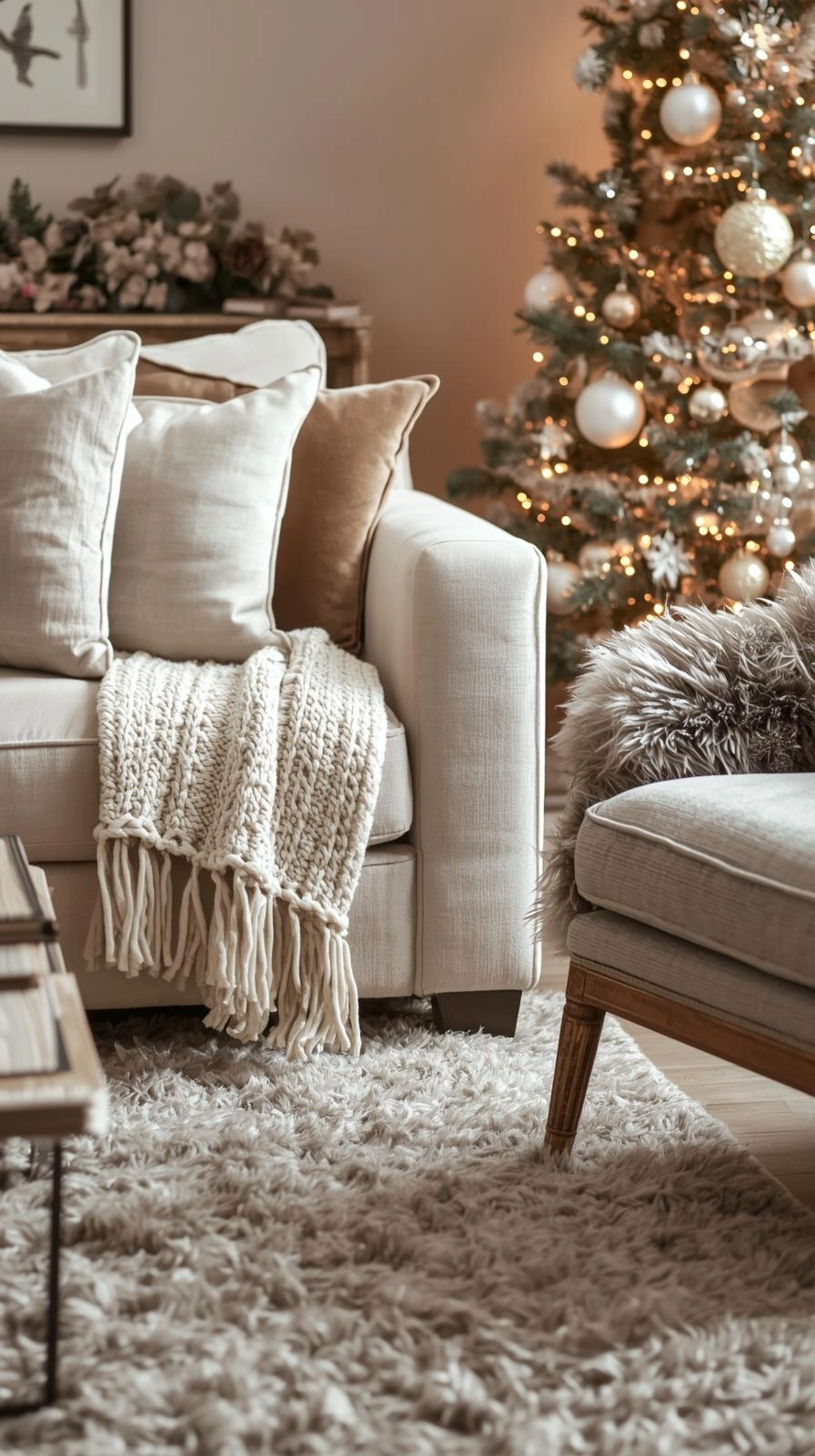 Cozy living room with classy Christmas decor featuring layered throws, soft cushions, and warm textures in a neutral color palette.