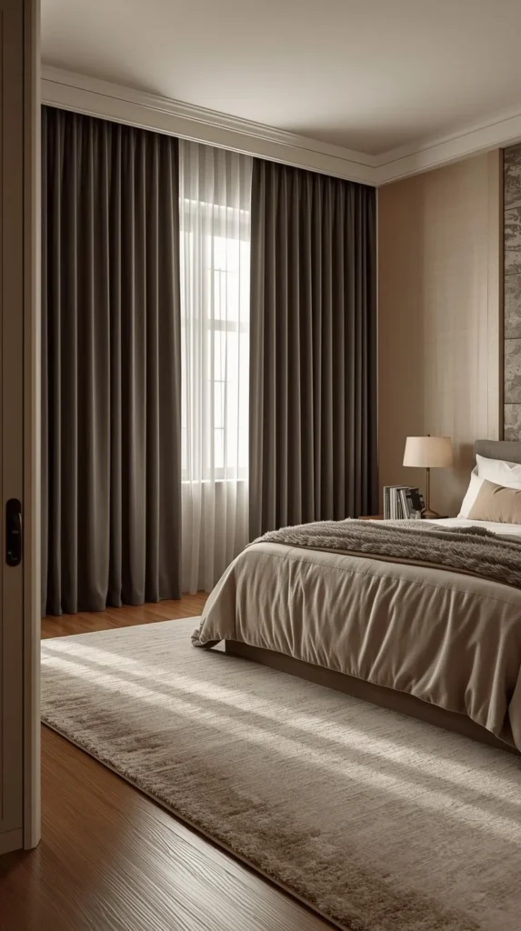 Master bedrooms decor cozy with thick curtains, soft rug, minimal electronics, and calm design for a quiet, comfortable retreat.