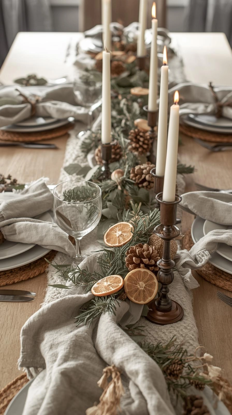 Cozy neutral Christmas table settings with linen napkins, matte ceramics, candles, and greenery for a calm festive atmosphere.