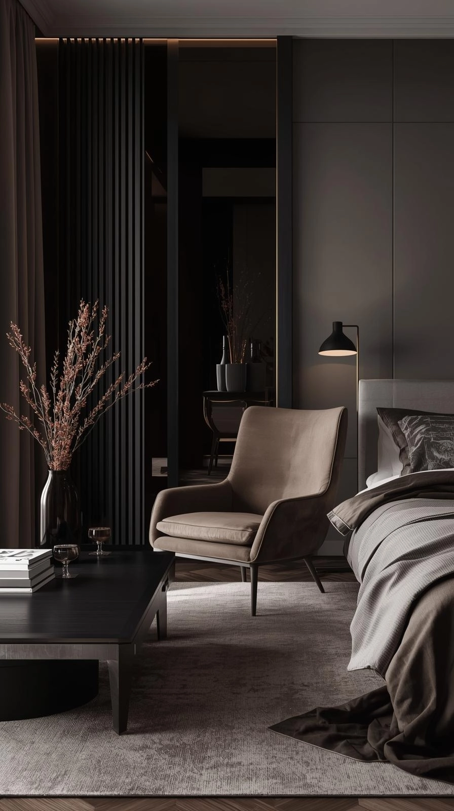 Dark feminine aesthetic room with dark wood furniture and a curved velvet chair blending strength and softness in balanced design.
