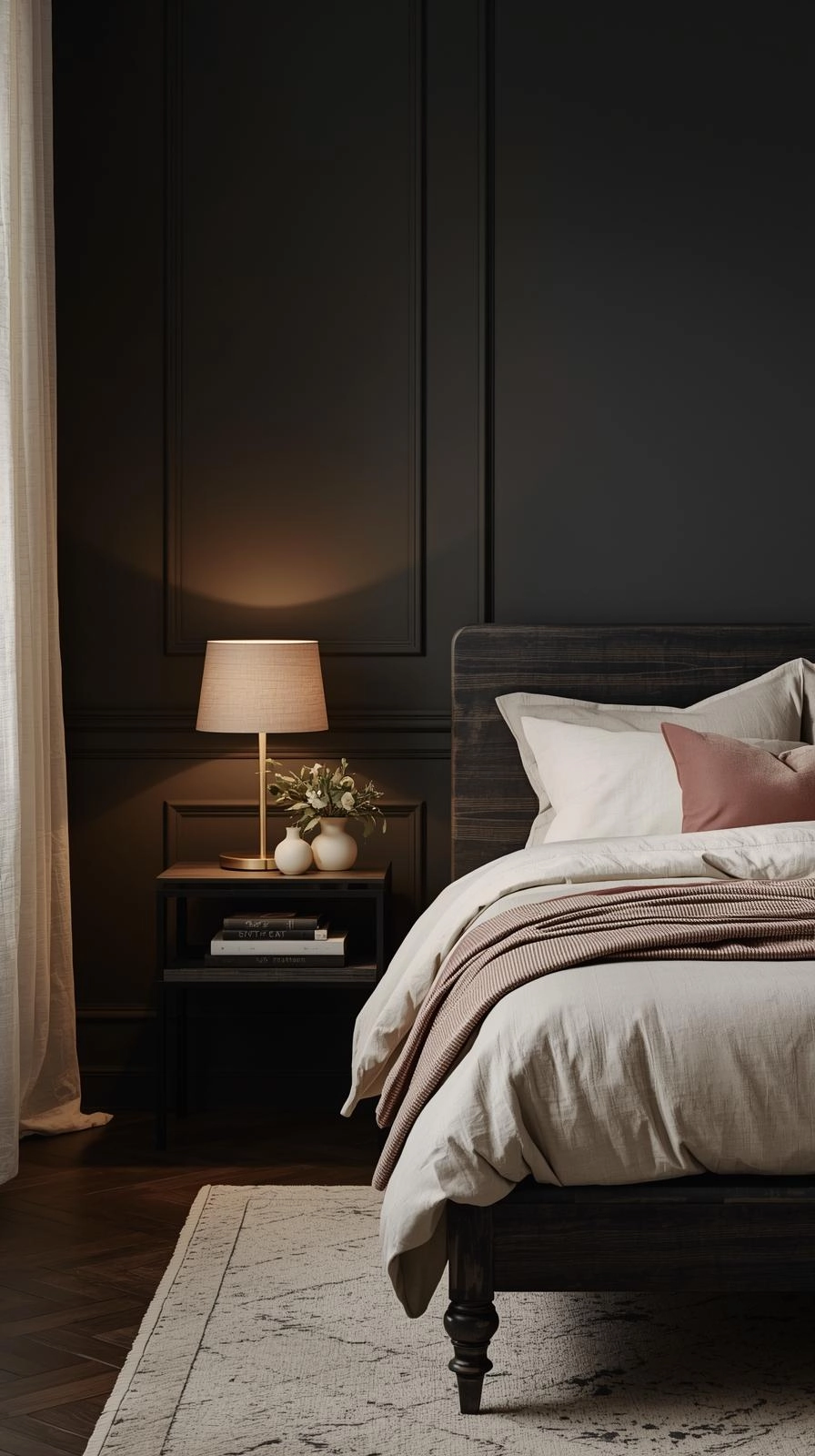 A dark feminine aesthetic room with charcoal walls, soft beige bedding, and warm lighting creating a calm and grounded interior design.