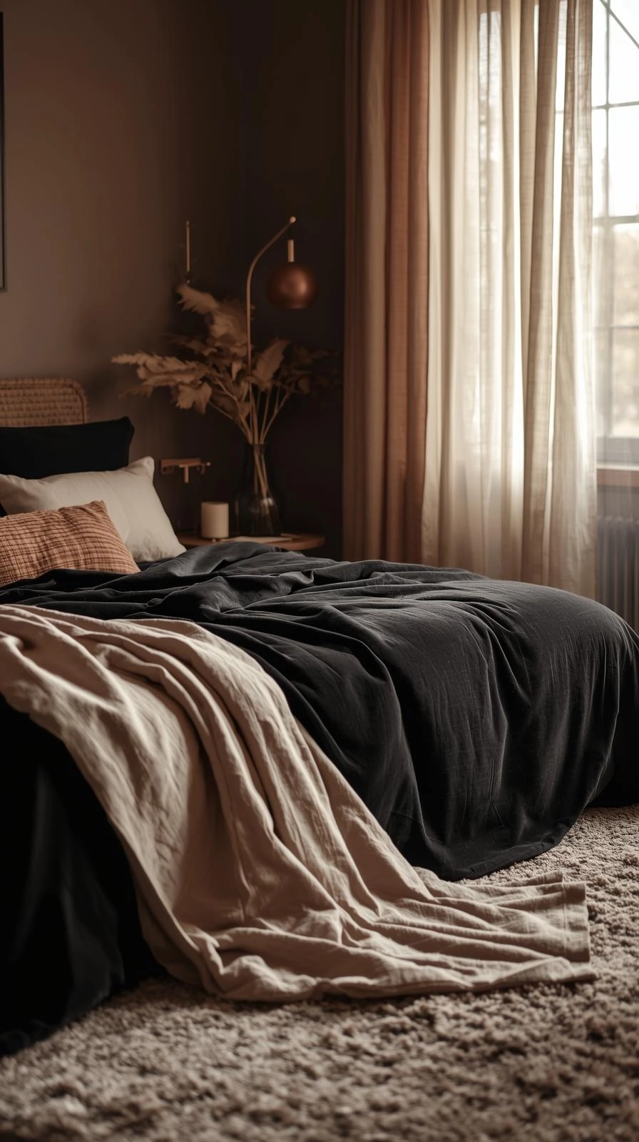 Dark feminine aesthetic bedroom with layered velvet, linen, and cotton fabrics adding texture, warmth, and depth to the cozy interior.