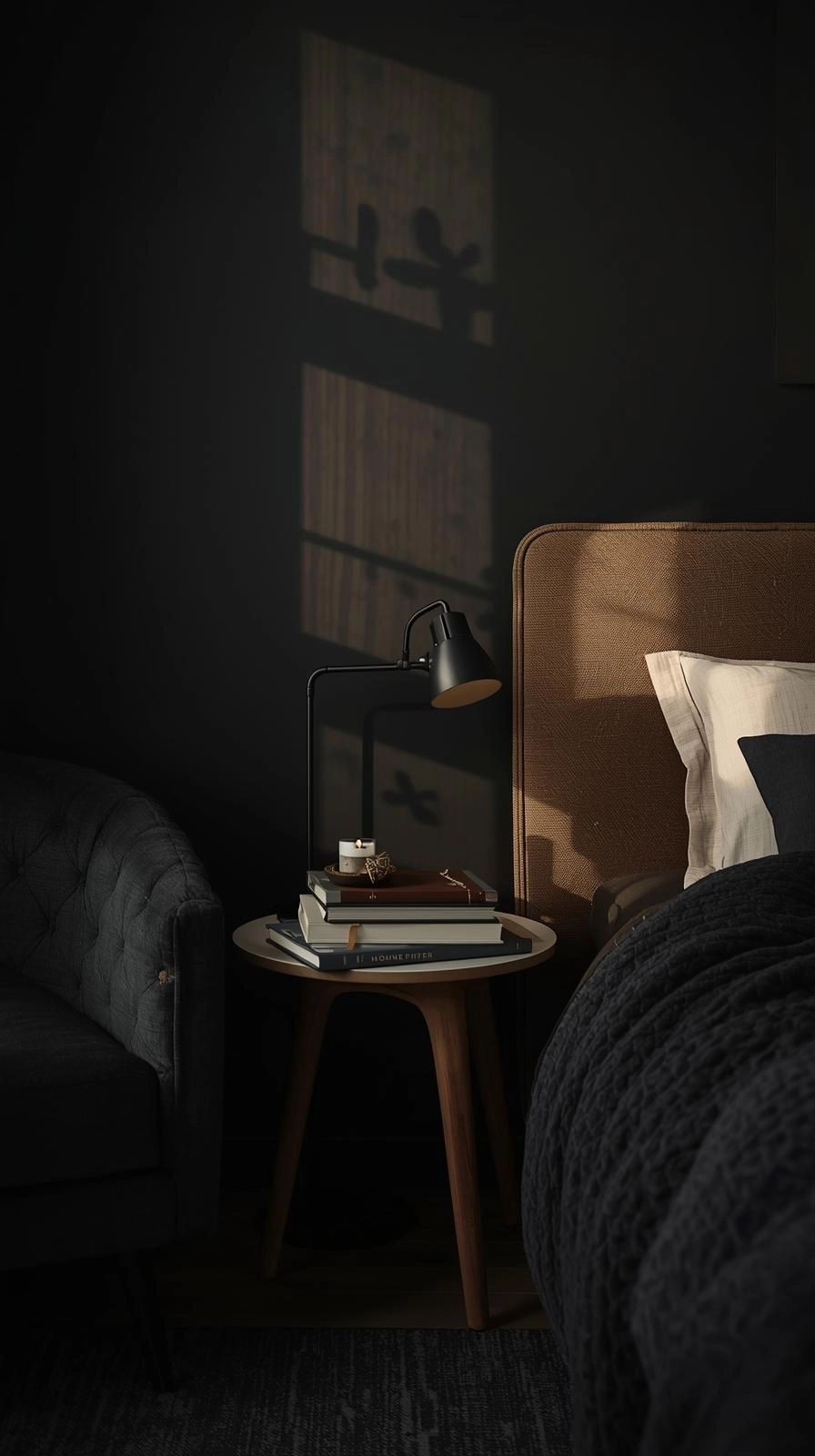 Dark feminine aesthetic bedroom with books, candle, and personal items creating a lived-in, authentic, and meaningful atmosphere.