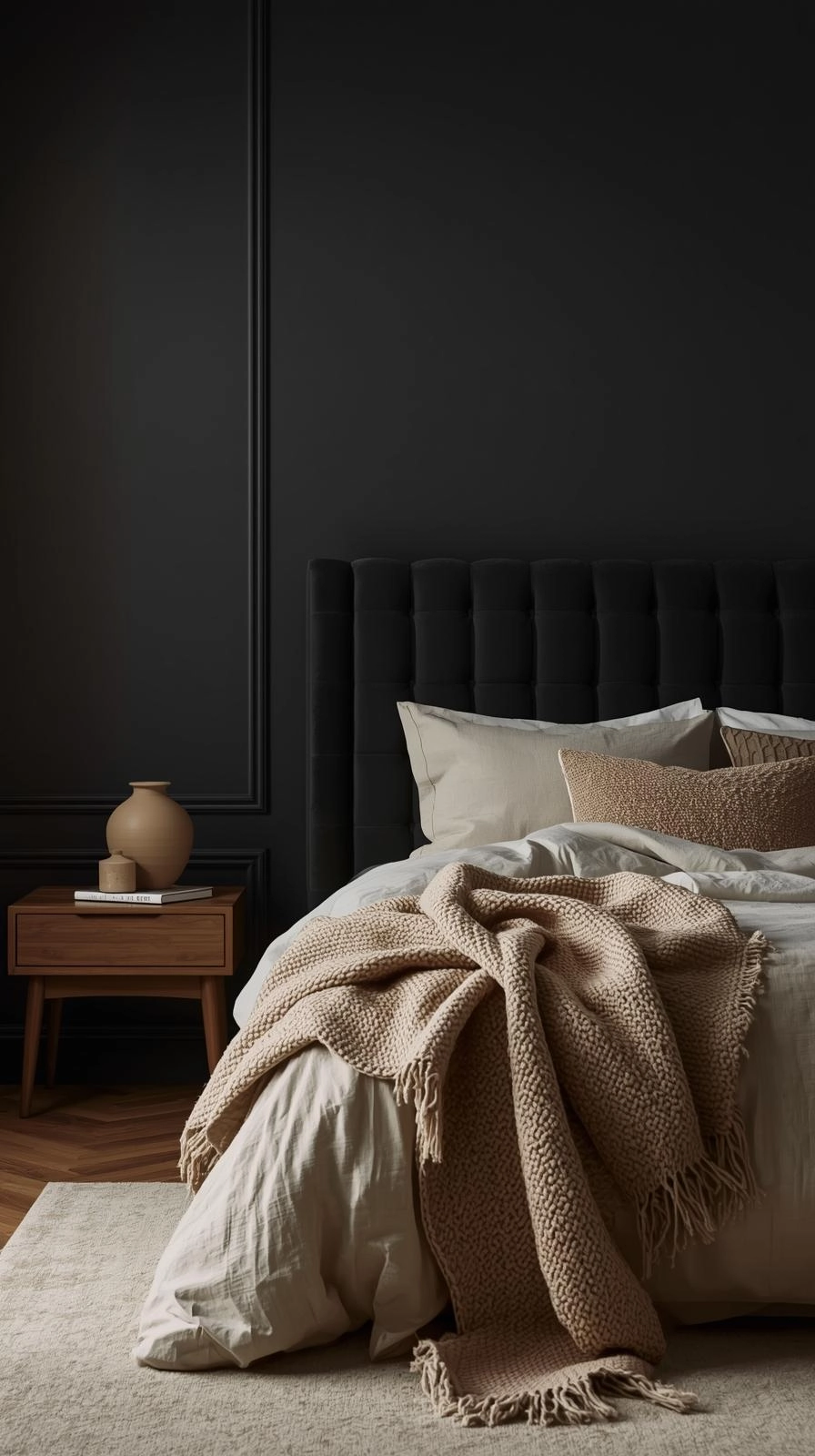 Dark feminine aesthetic bedroom with velvet headboard, linen bedding, and textured details creating depth and warmth in the design.