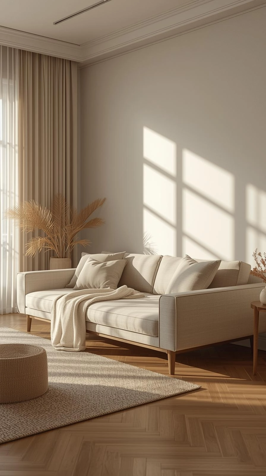 Living room daybed couch with a full backrest and neutral upholstery, styled like a sofa with cushions and cozy decor.