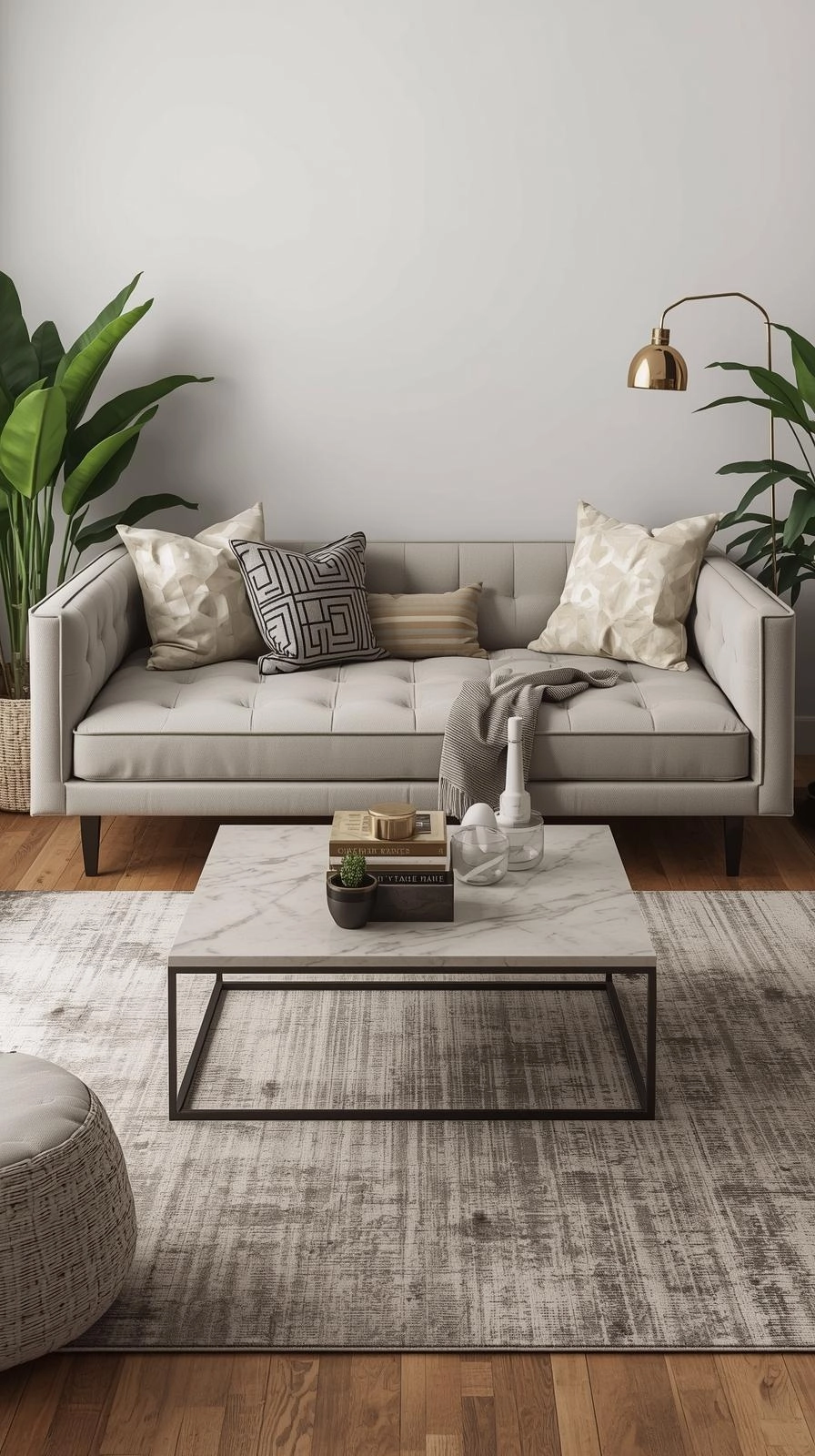 Daybed as couch living room with custom DIY upholstery and tufted seat cover for a sofa-like look.