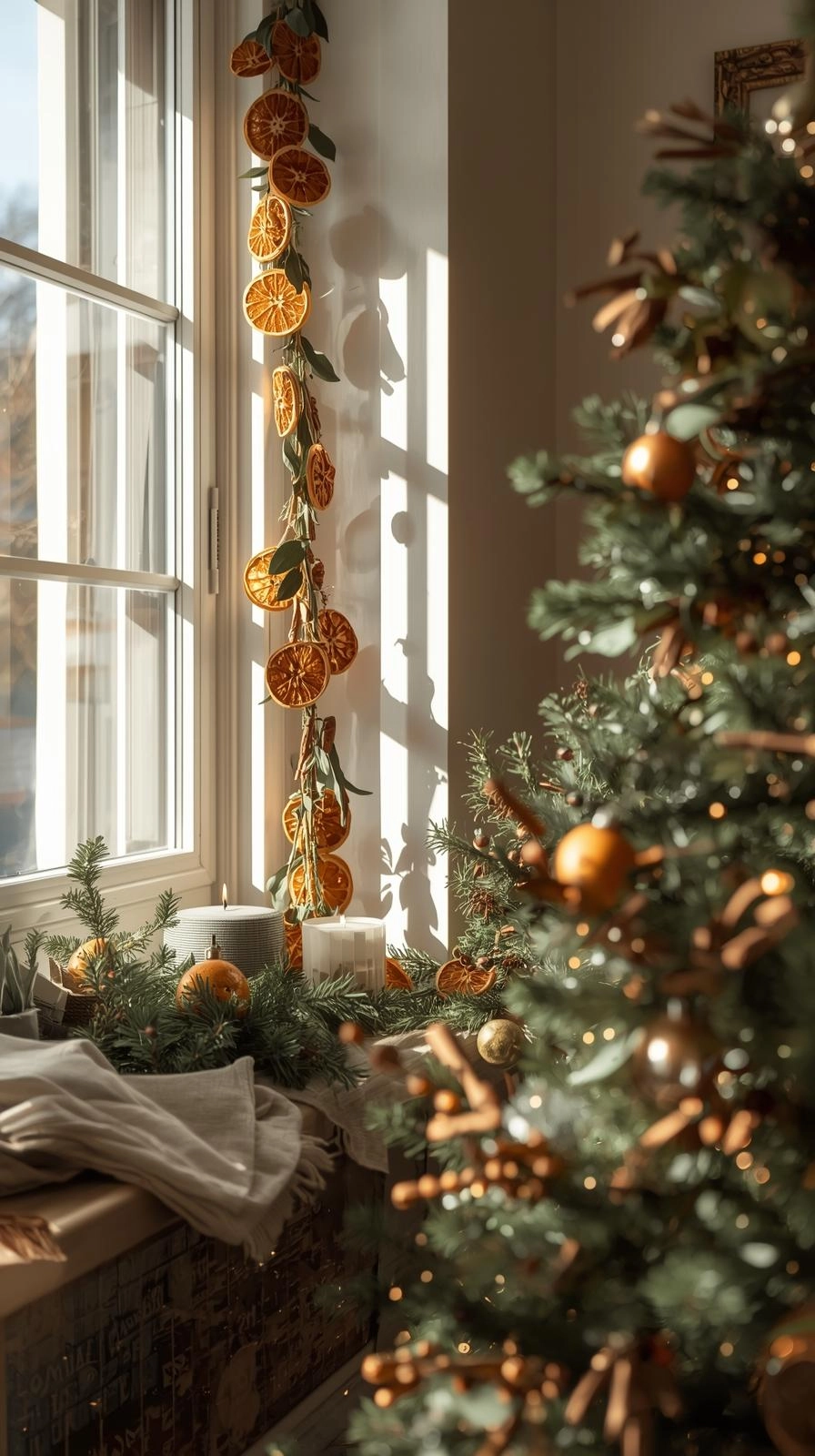 Natural Christmas decor with dried orange slice garlands and cinnamon sticks hanging near a cozy, sunlit window.