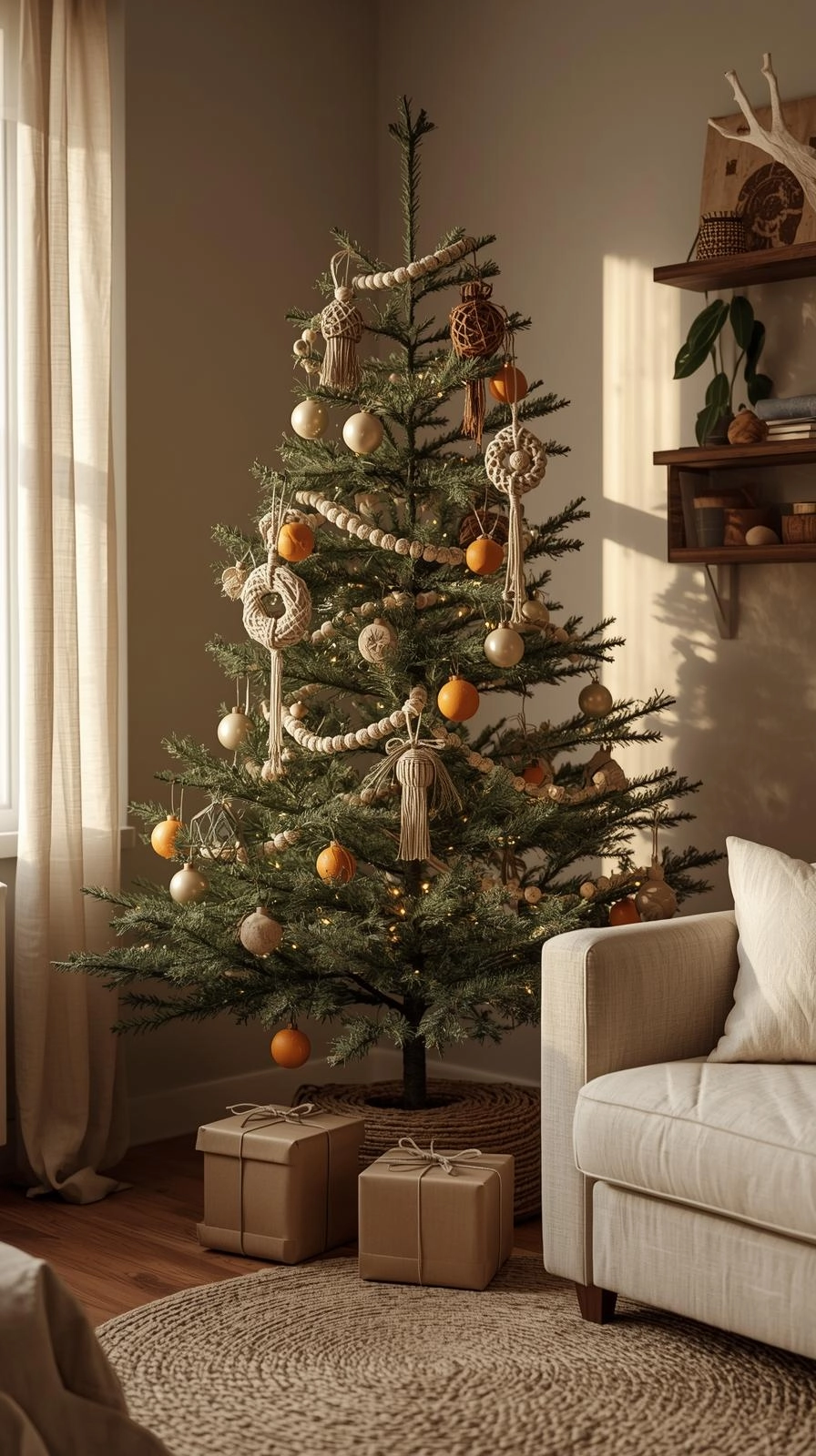 Boho Christmas decor with a natural tree featuring handmade ornaments, dried oranges, and warm fairy lights for a cozy, effortless look.