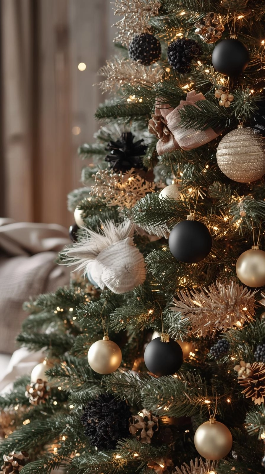 Christmas tree decorated with black and gold ornaments, matte baubles, and warm fairy lights for a classy holiday look.