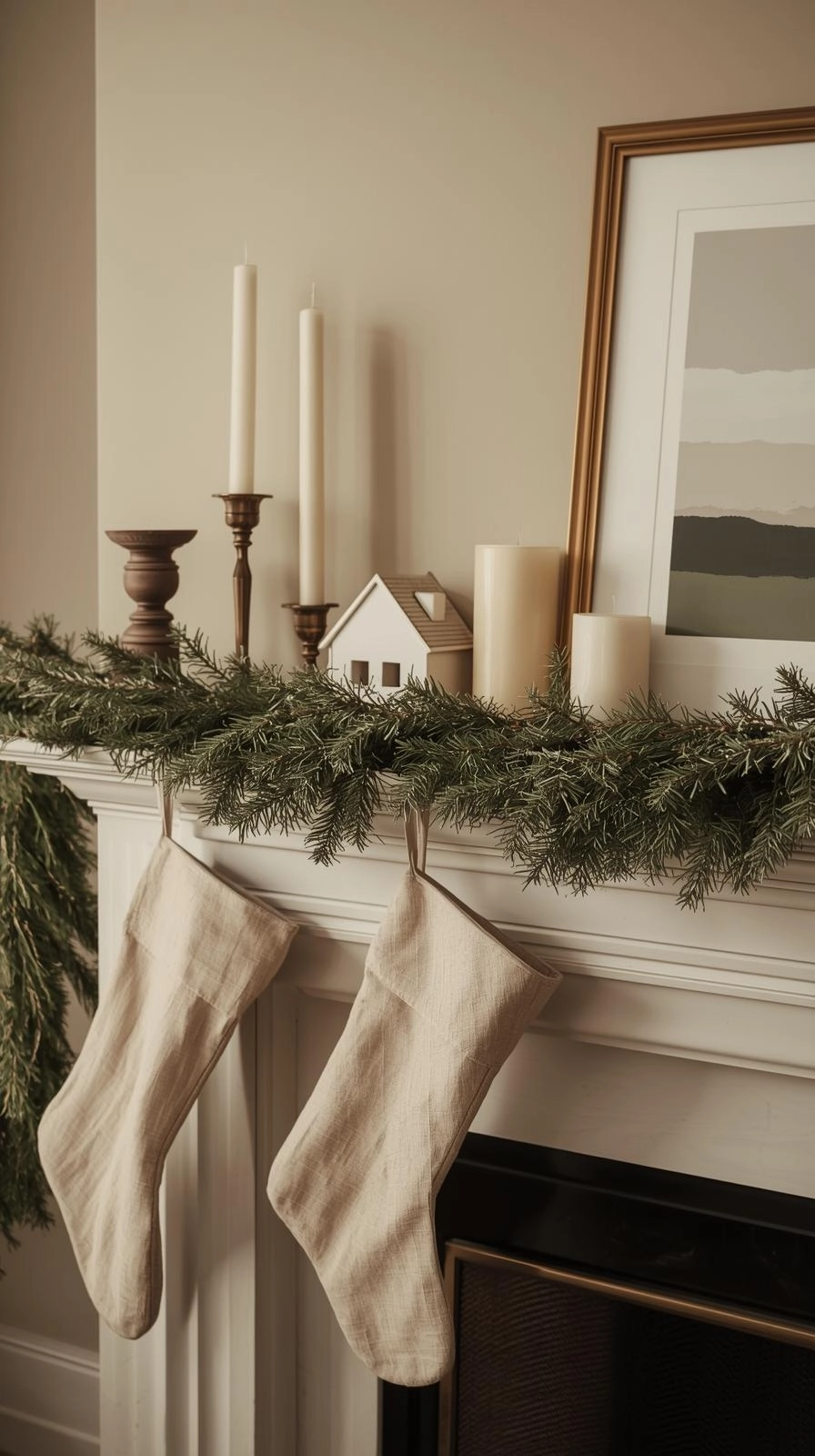 Elegant fireplace mantel with greenery, candles, and matching stockings styled with classy Christmas decor for a refined holiday look.