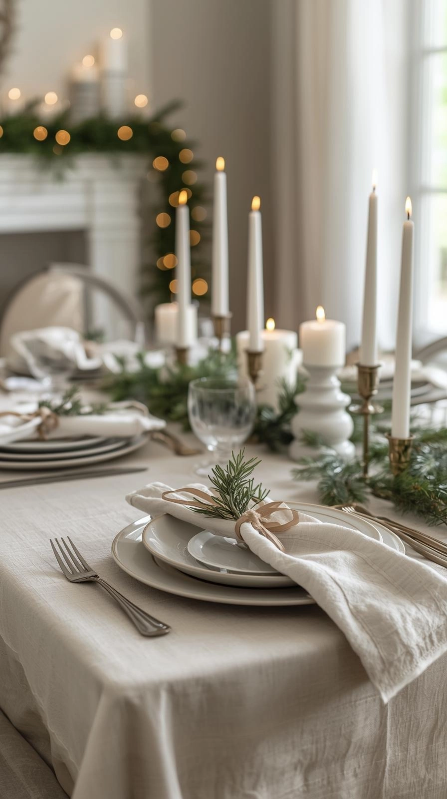 Elegant Christmas dining table with linen tablecloth, greenery, and candles styled simply for a classy holiday dinner.