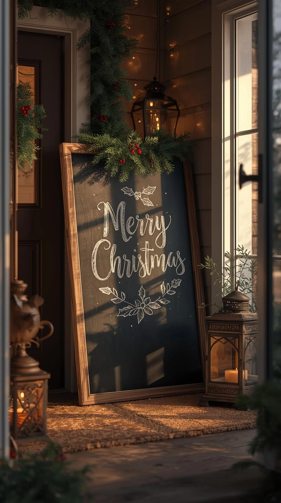 Christmas chalkboard art at a cozy home entryway with “Merry Christmas” message and natural holiday greenery.
