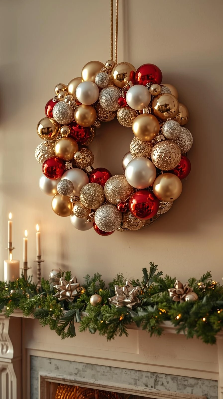 A Christmas wreath made of gold, silver, and red ornaments with mixed finishes, hanging above a cozy holiday mantel with soft lighting.