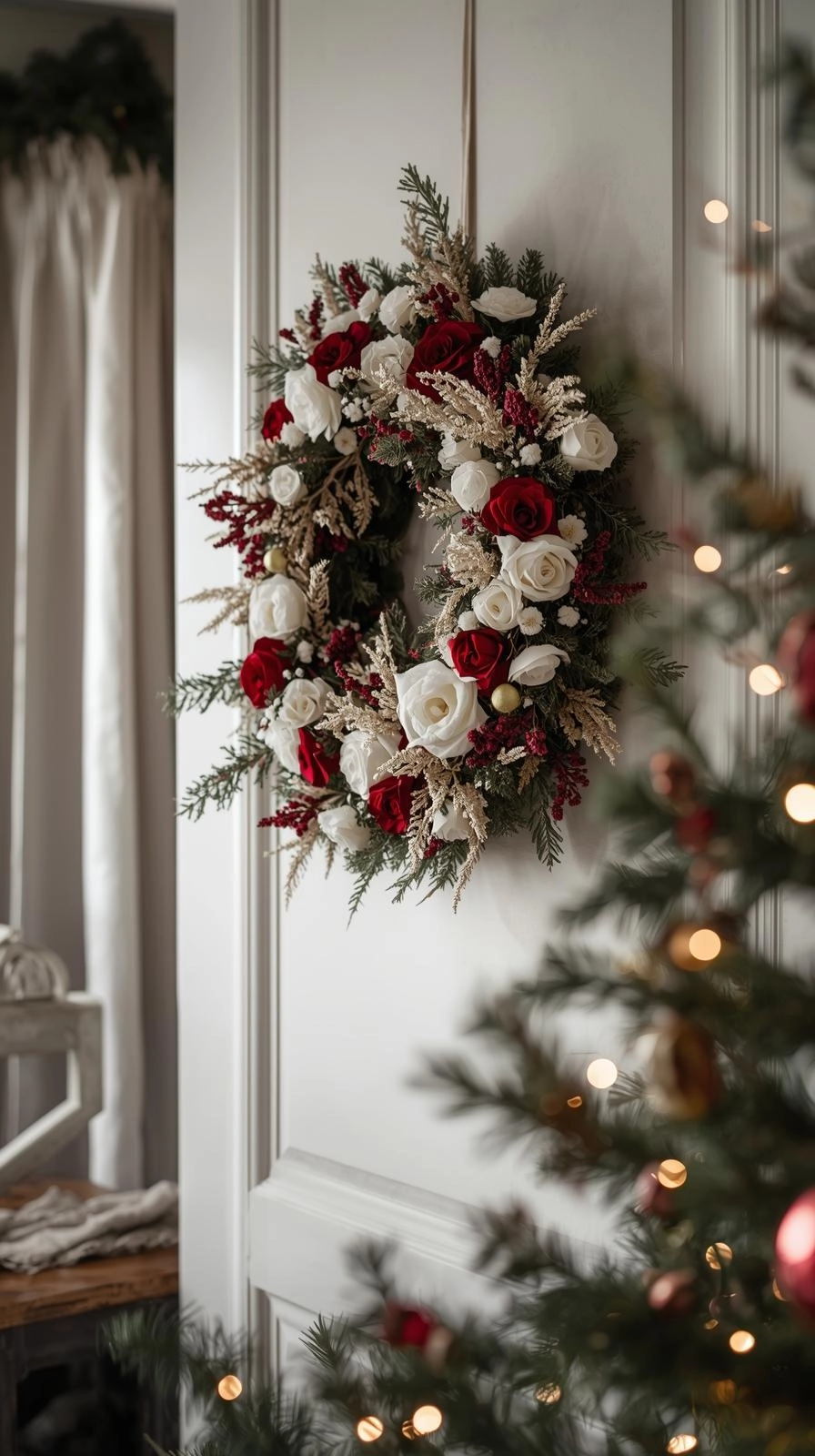 Elegant floral Christmas wreath with dried and faux flowers in red, white, and green on a cozy indoor wall.