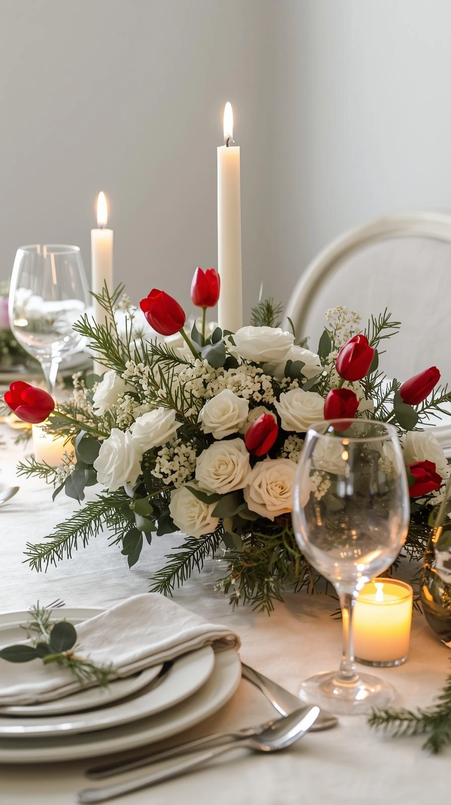 Christmas table settings with fresh florals, pine, and eucalyptus, paired with simple tableware for a bright festive look.