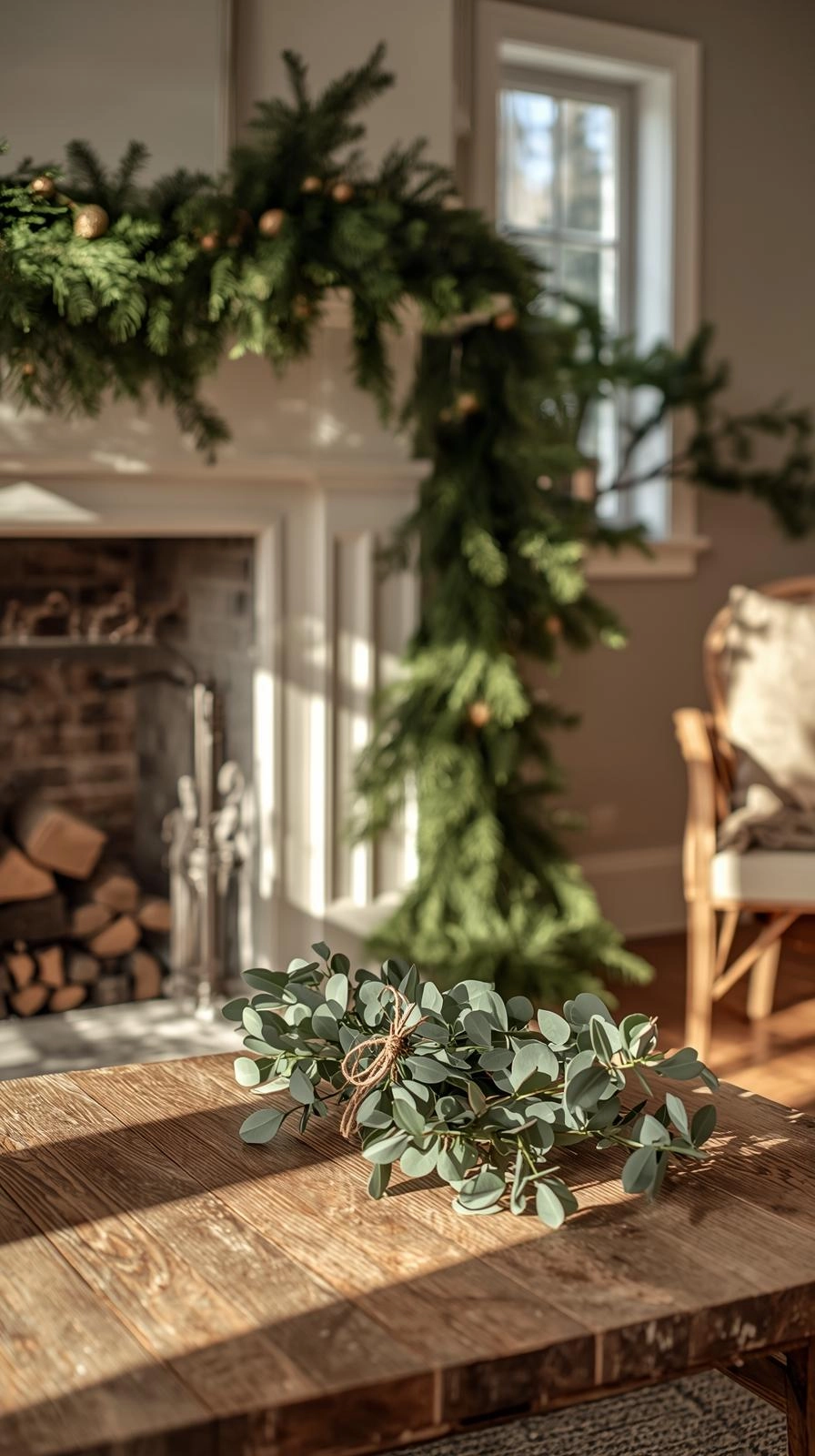 Natural Christmas decor using fresh greenery like pine garlands and eucalyptus branches in a cozy living room.