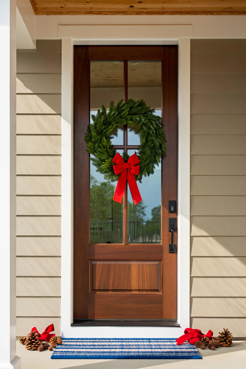 Front porch Christmas decor featuring a classic green wreath with red bow on door and festive natural accents.