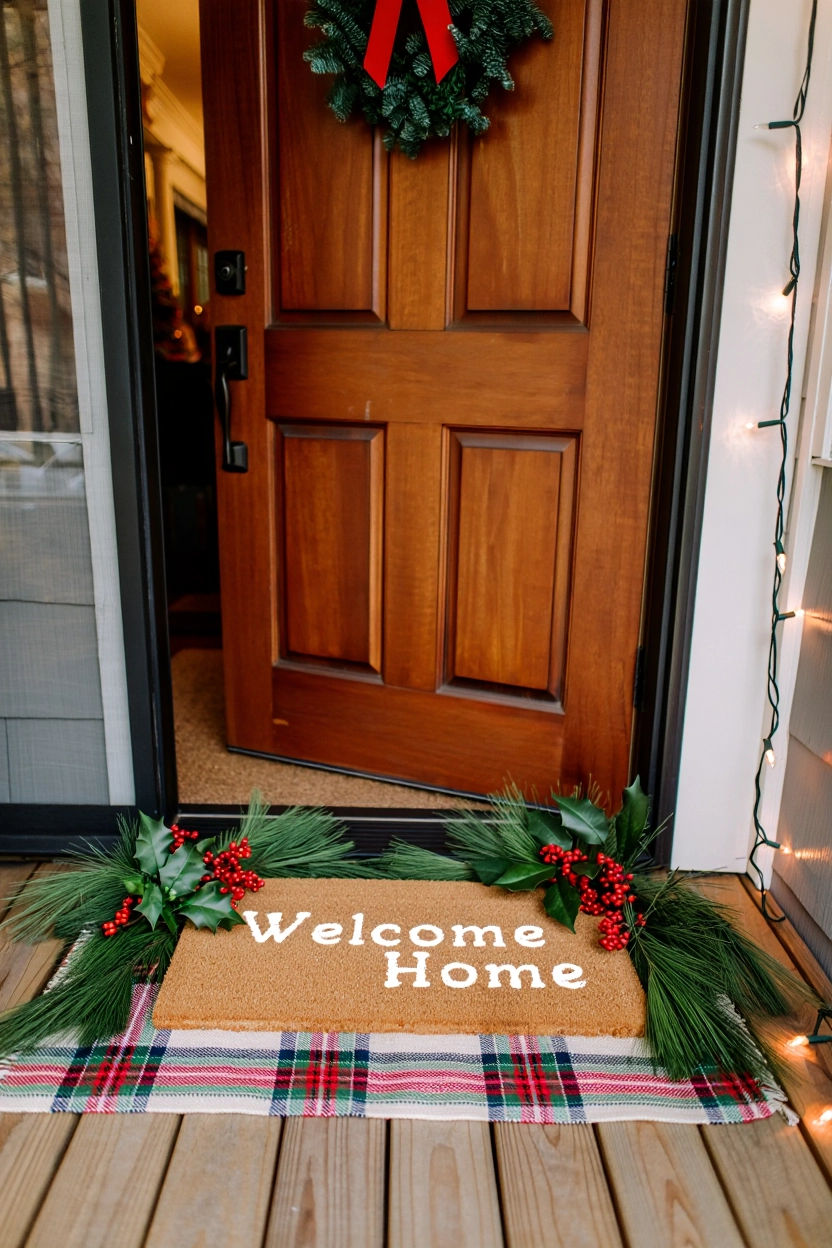 Front porch Christmas decor with layered doormat, plaid rug, greenery, and soft holiday lighting.