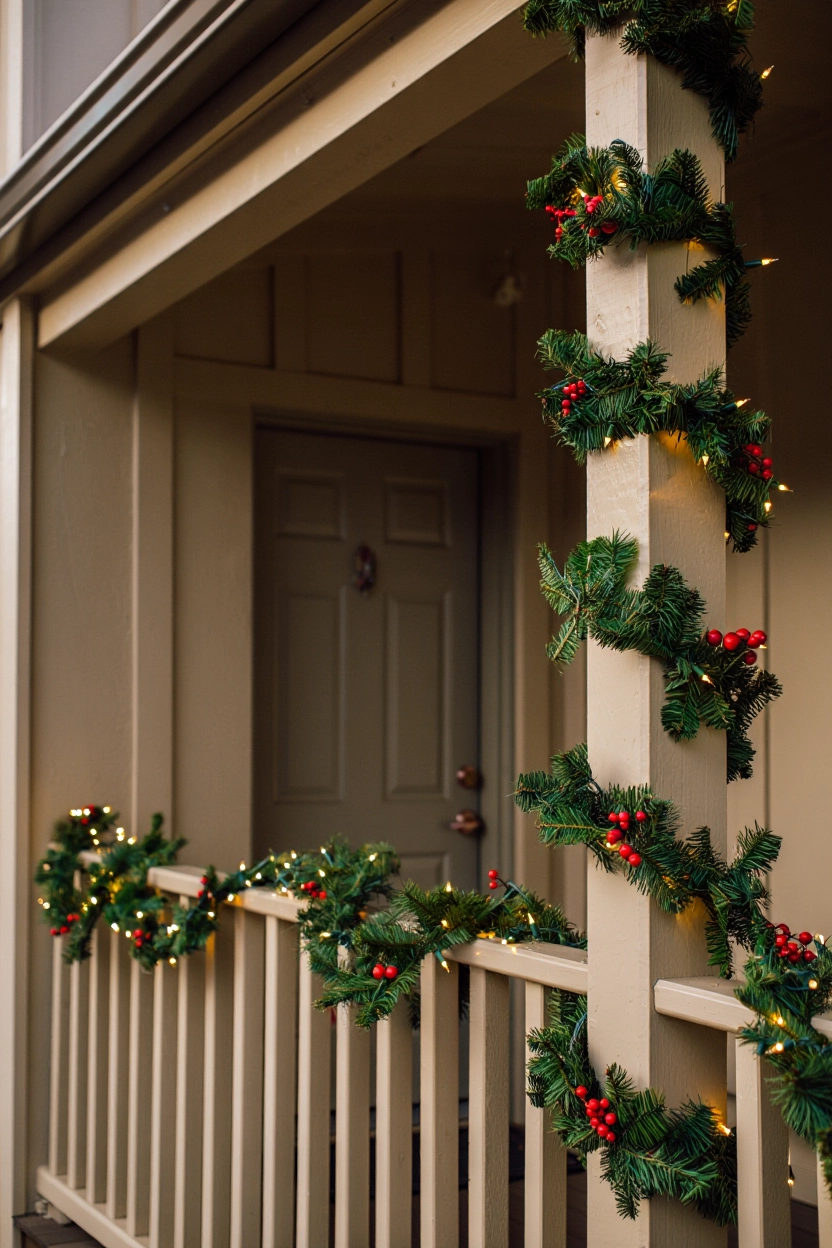 Front porch Christmas decor with pine garlands, red berries, and soft white lights wrapped around railings and posts.