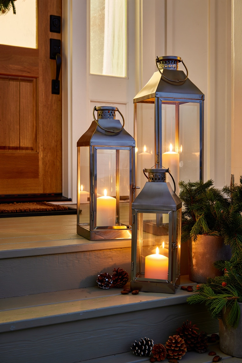 Front porch Christmas decor with glowing lanterns and greenery creating a soft, welcoming holiday glow.