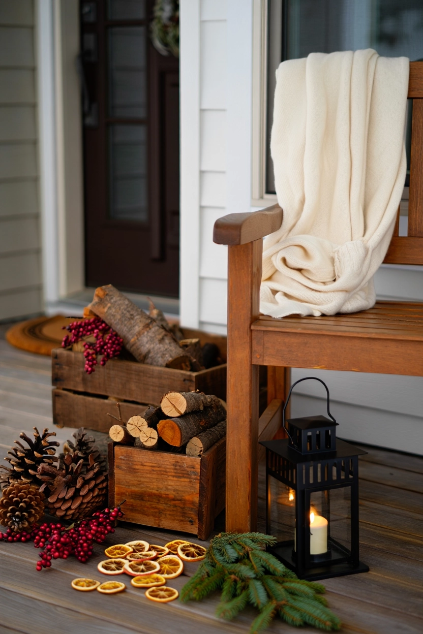 Front porch Christmas decor featuring pinecones, wood, berries, and lanterns for a cozy natural look.