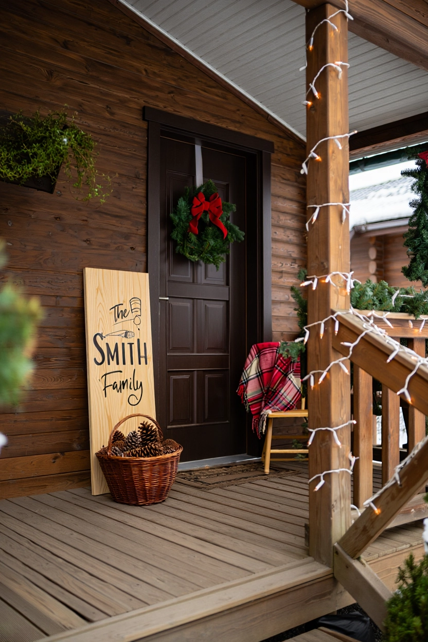 Front porch Christmas decor featuring a family sign, basket of pinecones, and plaid blanket for a personal touch.