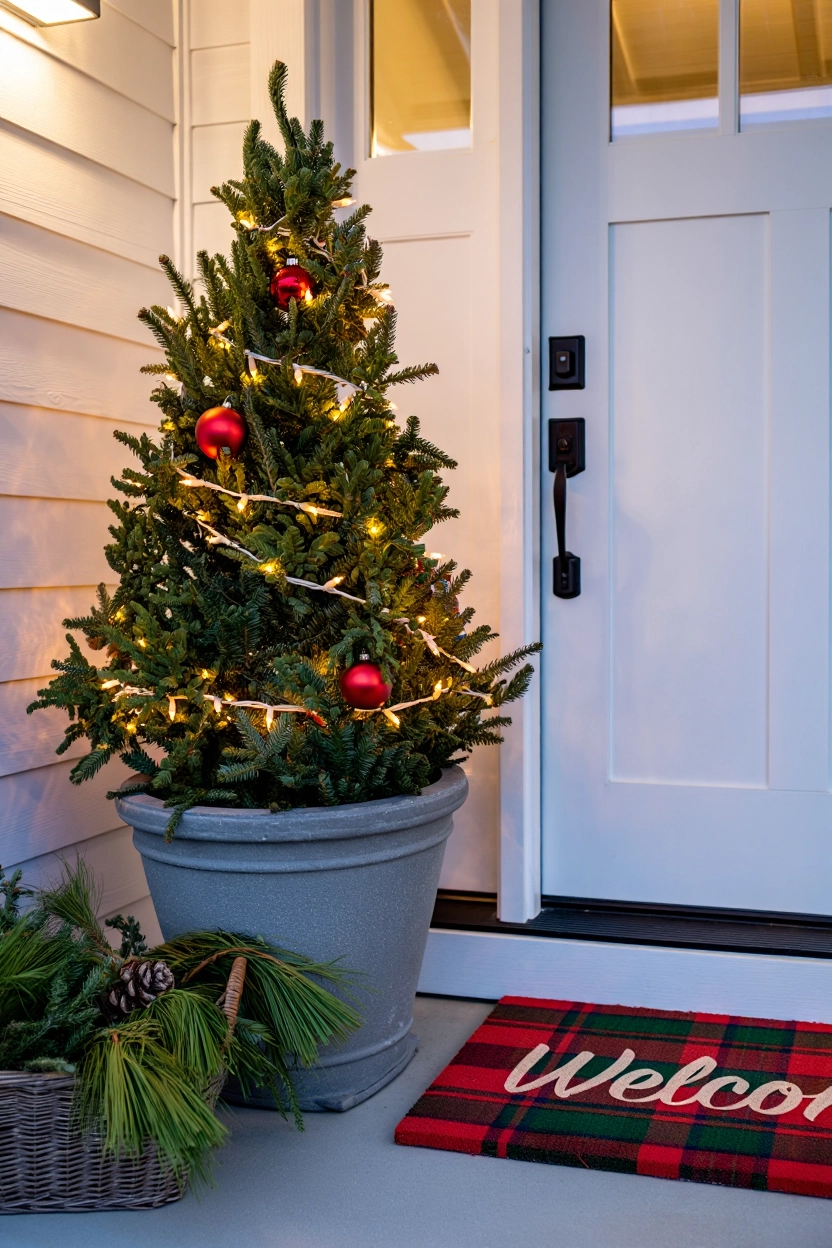 Front porch Christmas decor featuring a small lit evergreen tree in a planter near the front door.