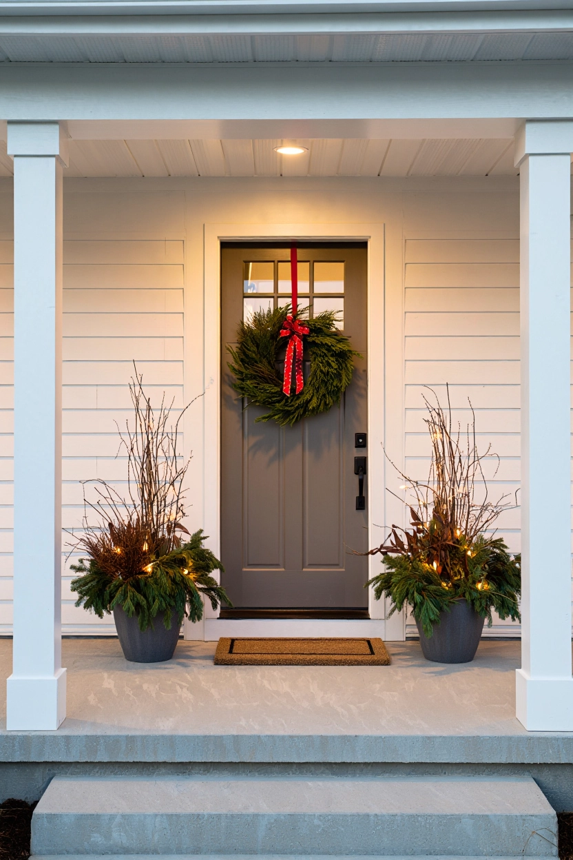 Front porch Christmas decor with matching evergreen planters and wreath creating a balanced doorway design.