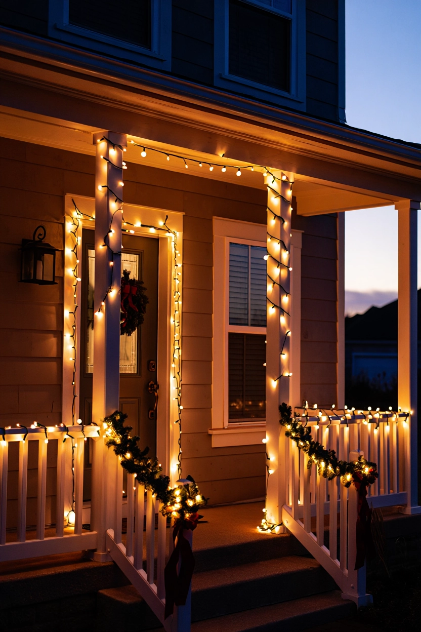 Front porch Christmas decor with warm white string lights wrapped around door frame and railings at dusk.