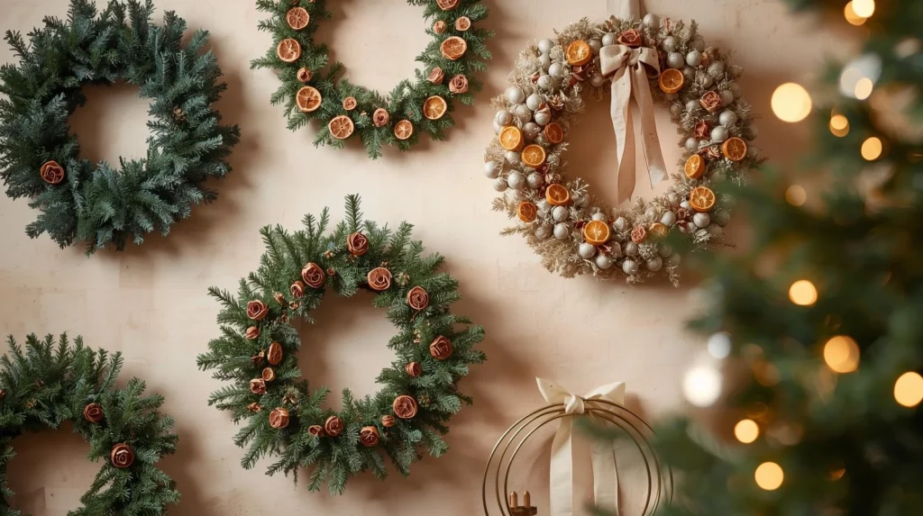 A cozy Christmas home with handmade holiday wreaths on display, featuring evergreen, dried orange, and ribbon styles for DIY inspiration.