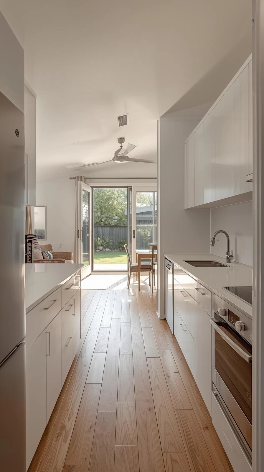 Modern galley kitchen 1 bedroom granny flat layout with central kitchen and side living and bedroom zones.
