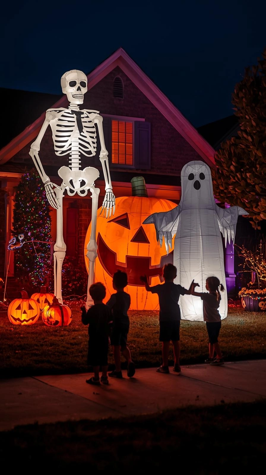 Halloween yard displays with giant inflatables including a glowing skeleton, pumpkin, and ghost in a front yard.