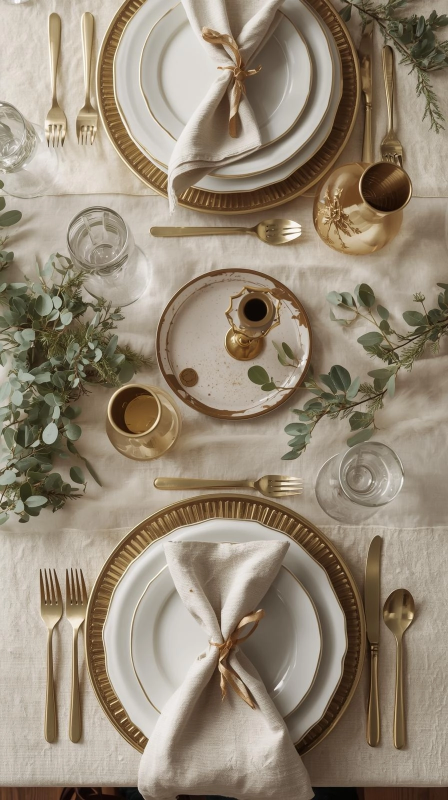 Elegant Christmas table settings with gold flatware, soft white linens, and subtle greenery for a polished festive look.