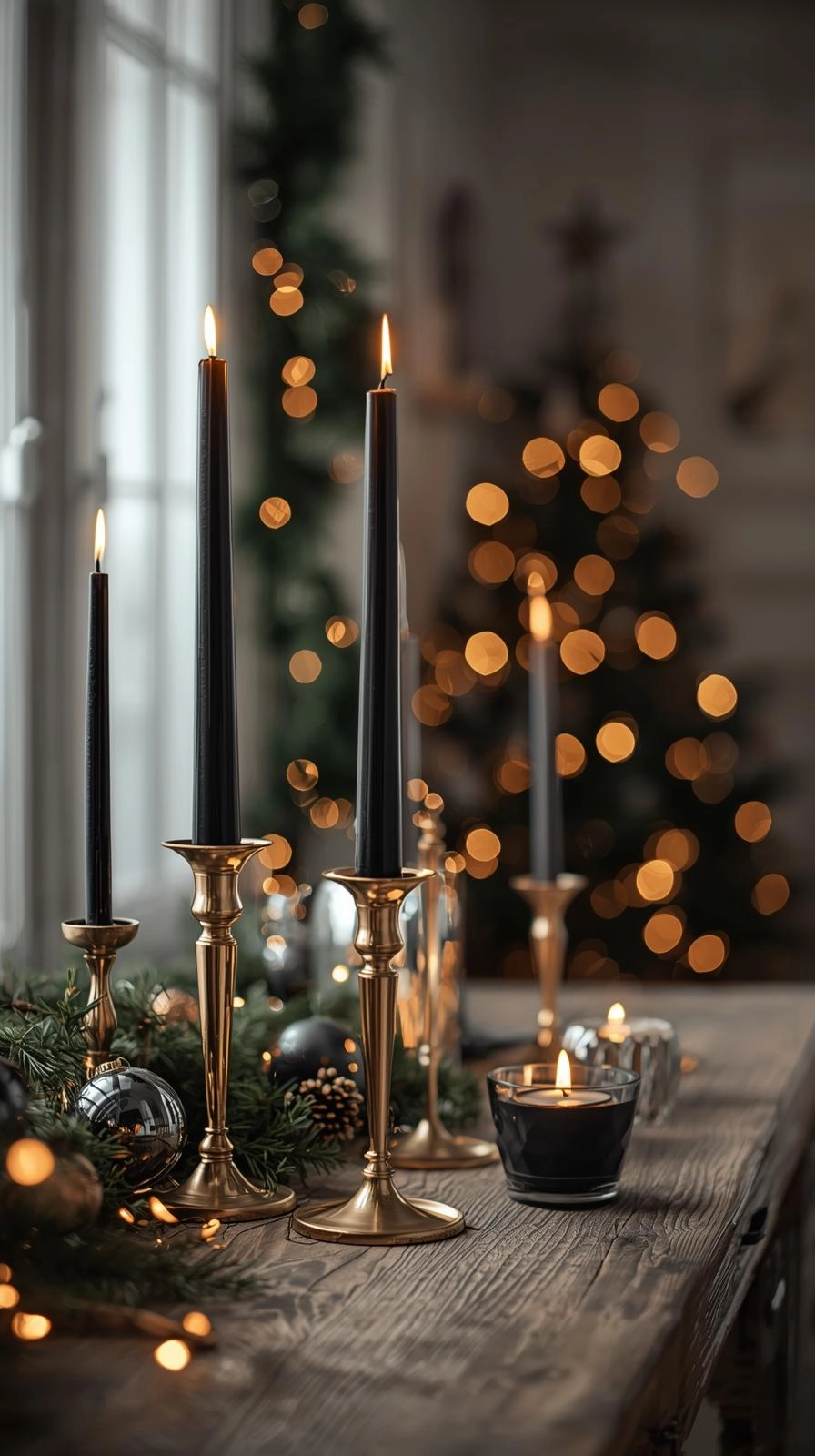 Gold candle holders with black and gray candles glowing softly on a wooden table, adding warm Christmas light to a cozy room.