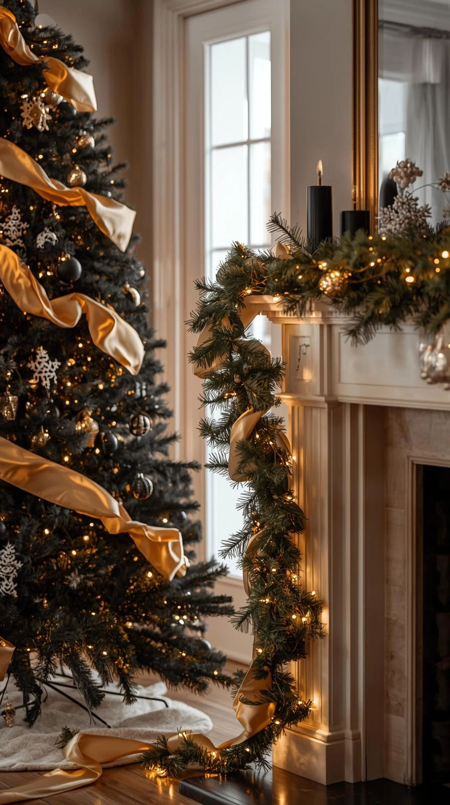 Christmas tree and mantel decorated with soft gold ribbon garlands woven through black ornaments and pine greenery.