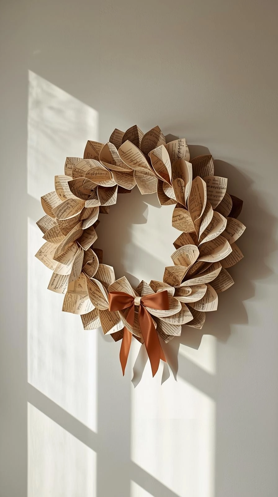 A paper Christmas wreath made from old book pages and craft paper with a small bow, hanging on a neutral wall in soft natural light.
