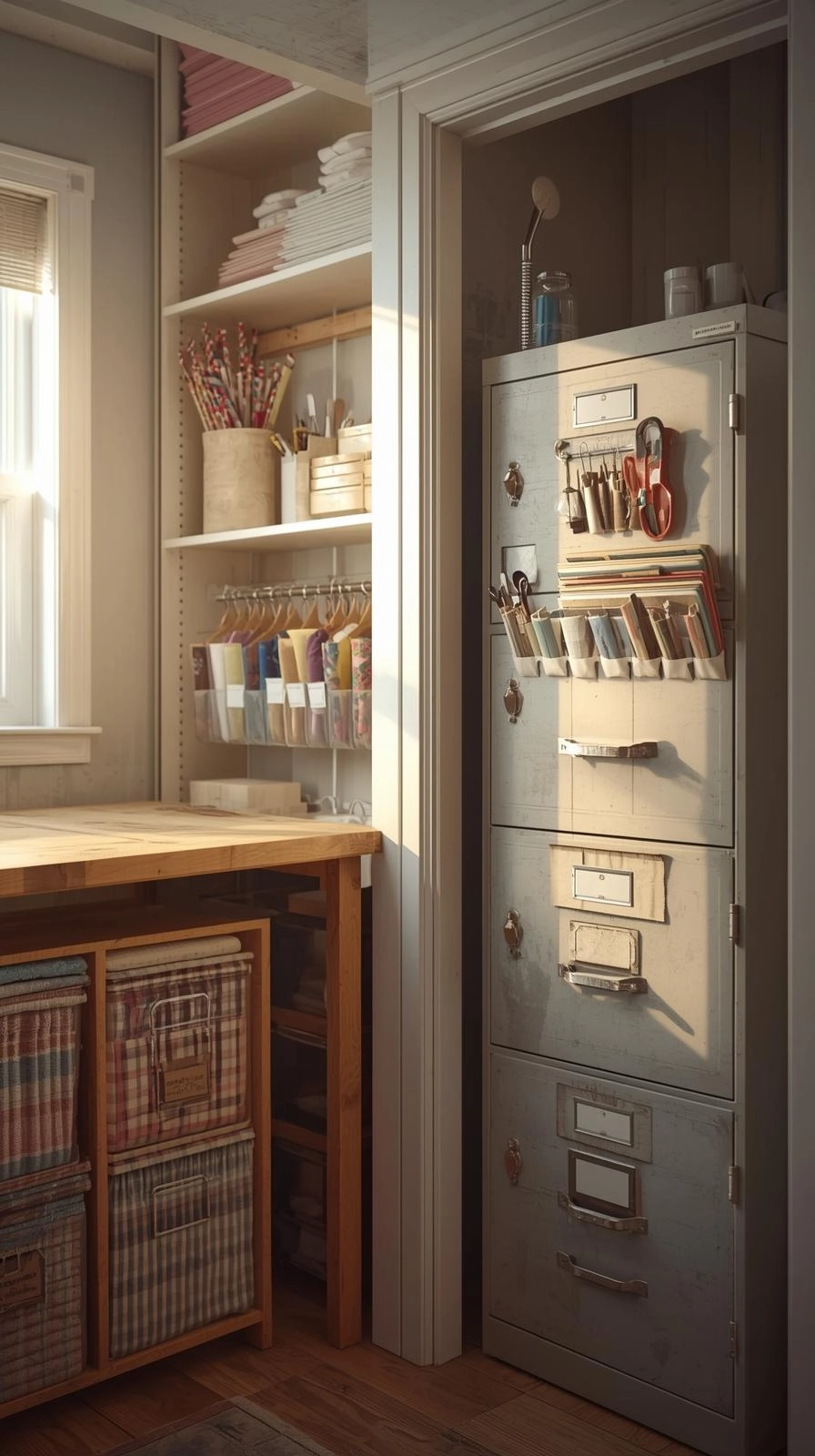 Small craft room with hidden storage bins, hanging pockets, and a file cabinet for organized craft supplies.