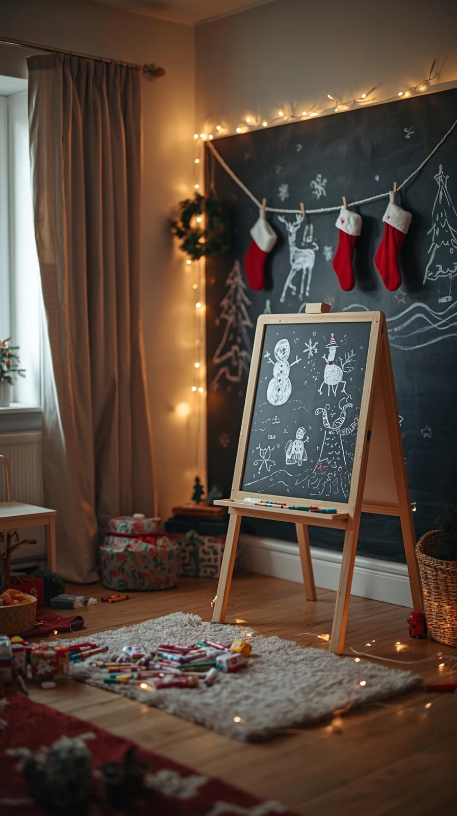 Kids’ Christmas chalkboard art corner with childlike drawings of snowmen and trees in a cozy holiday room.