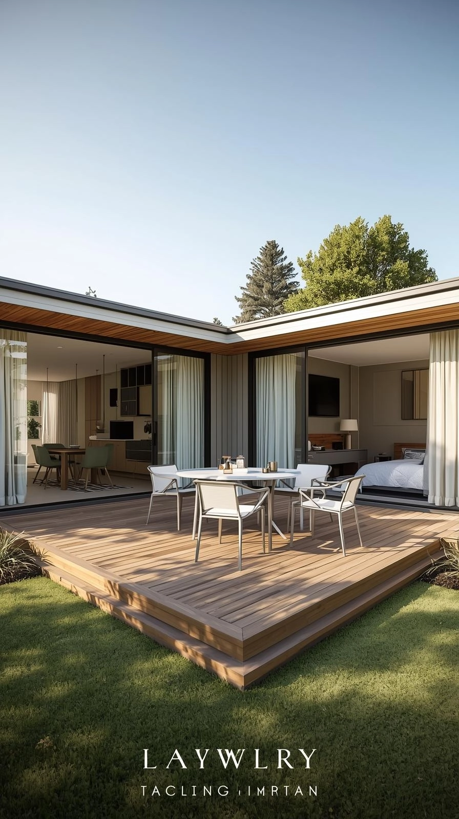Modern L-shaped 1 bedroom granny flat with open living and bedroom wings surrounding a private outdoor deck.