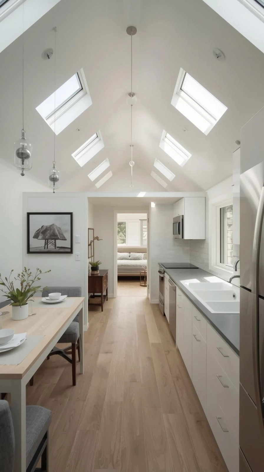 Modern linear 1 bedroom granny flat interior with vaulted ceiling and clerestory windows for natural light.