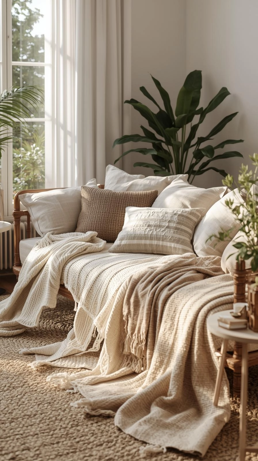 Cozy living room daybed layered with cotton, linen, and knit textures in soft neutral tones.