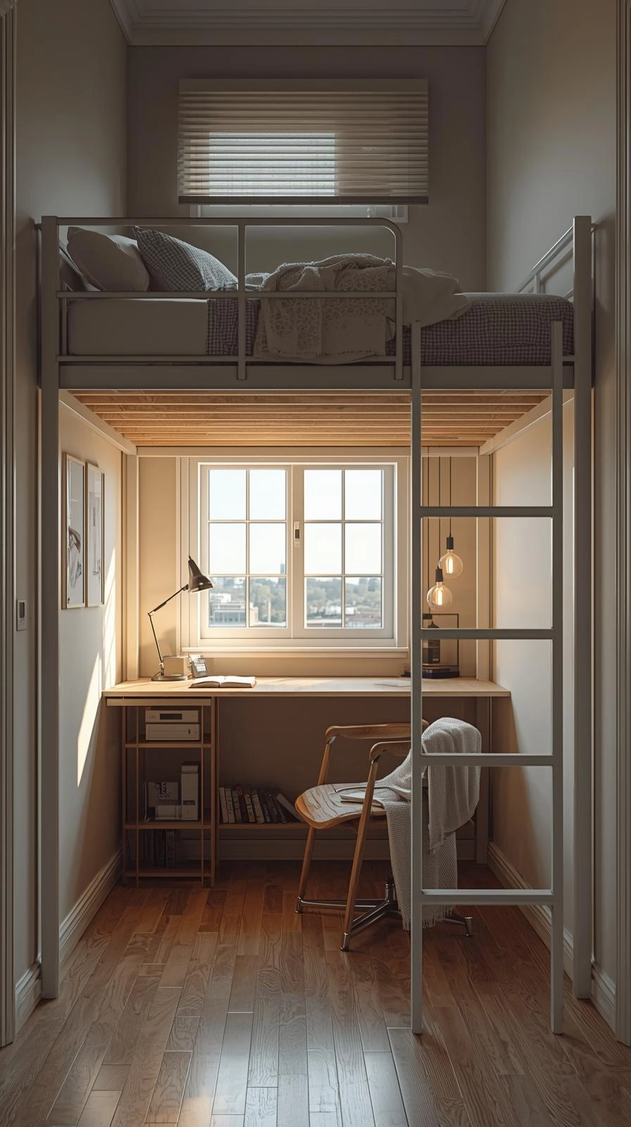 Small modern bedroom with loft twin bed and workspace underneath, showing practical space-saving twin bed ideas for small room.