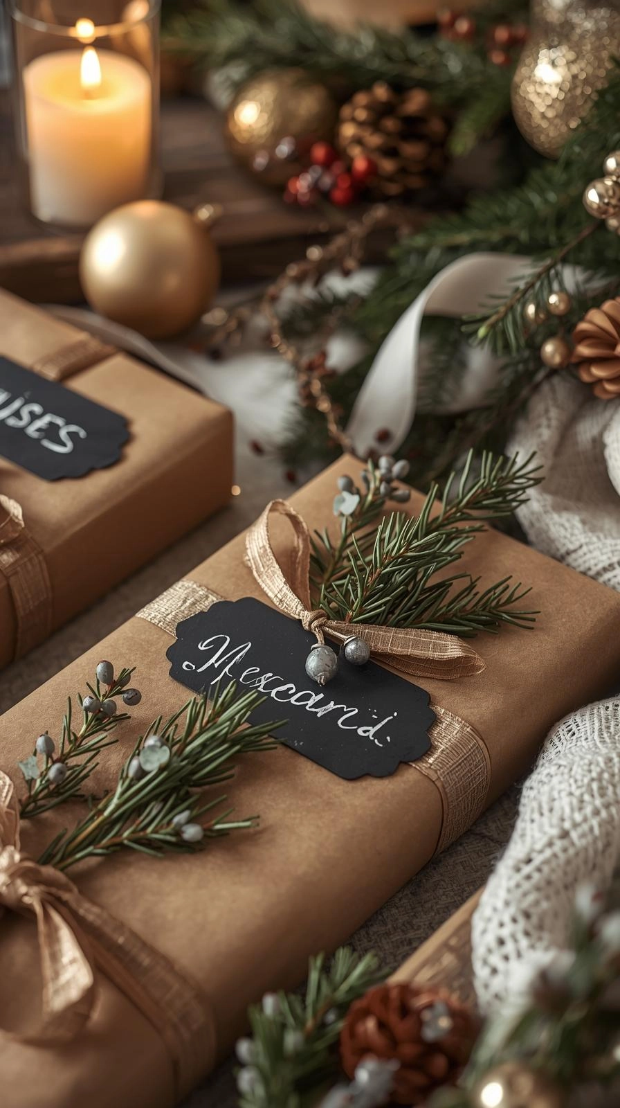 Mini Christmas chalkboard art tags used as gift labels and place cards with ribbon and greenery decor.