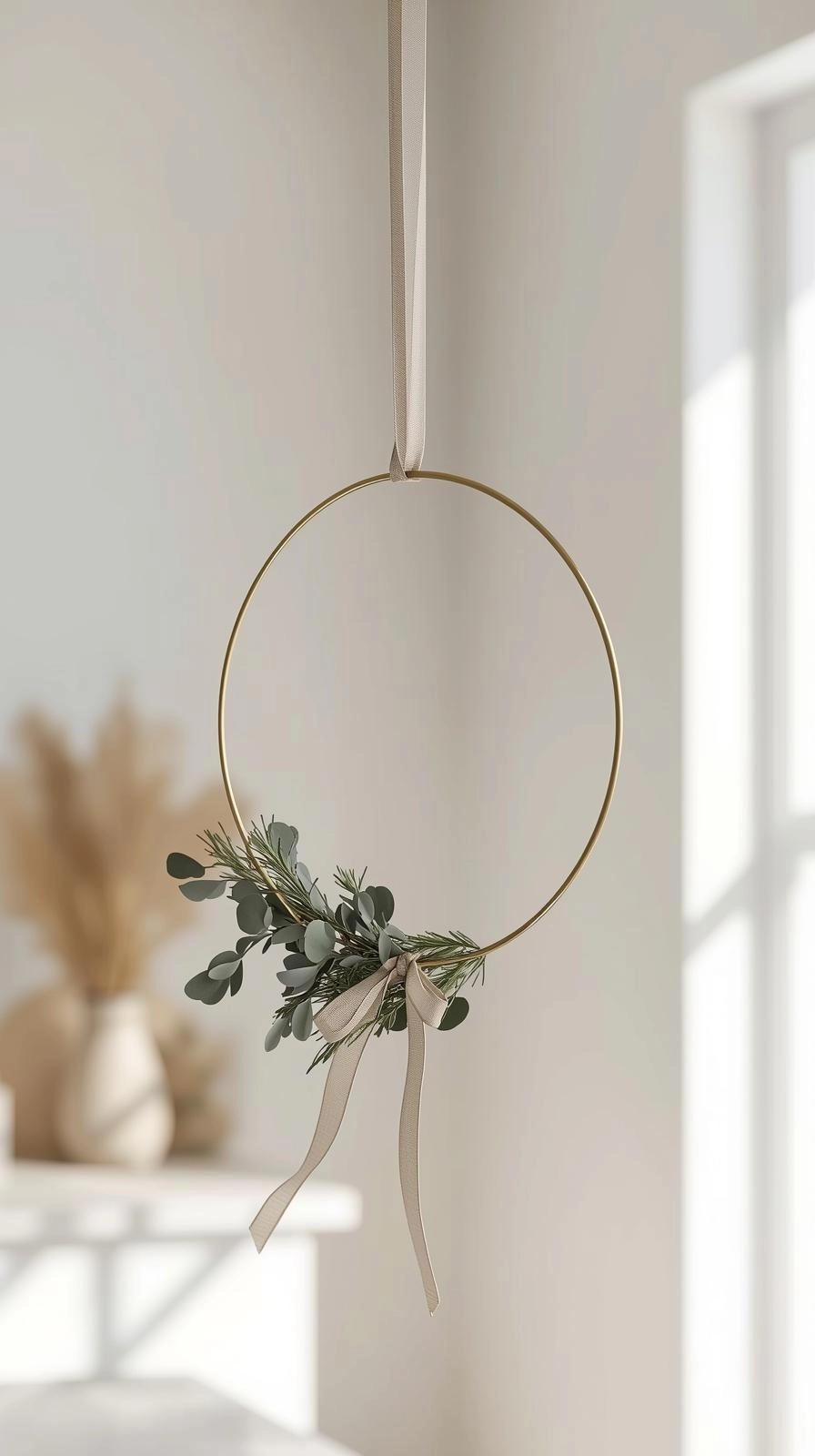 A minimal brass ring Christmas wreath with eucalyptus and pine sprigs tied with a ribbon, hanging in a bright modern kitchen.