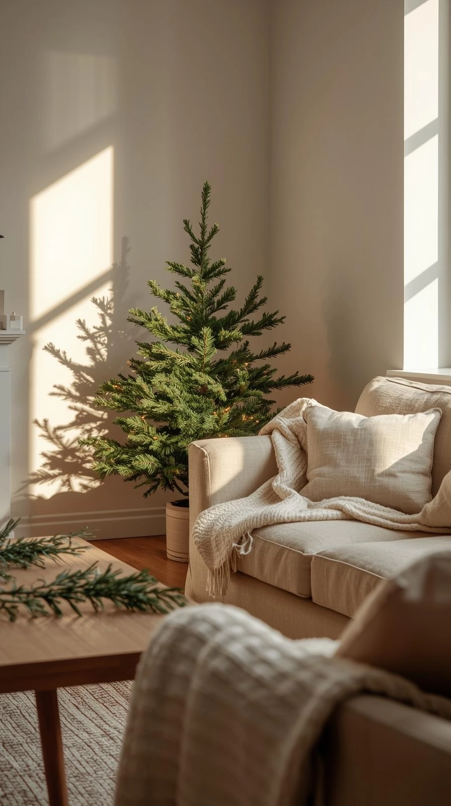 Minimal natural Christmas decor with simple greenery and open space creating a cozy, peaceful holiday atmosphere.